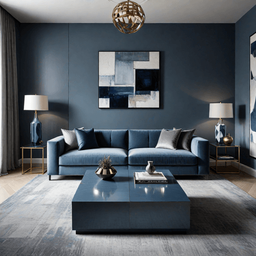 Contemporary living room with steel blue modular sofa and modern decor