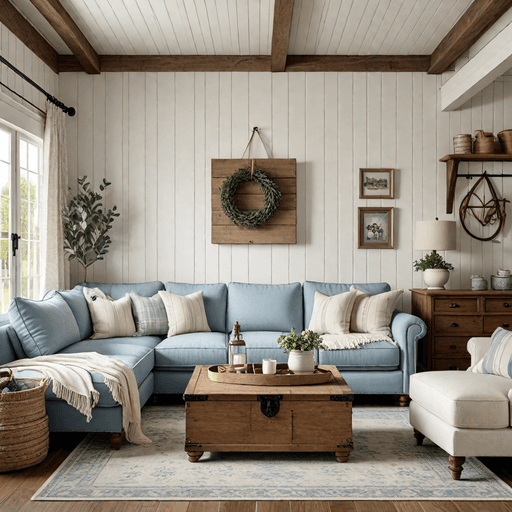 Farmhouse living room with dusty blue sectional and rustic decor elements