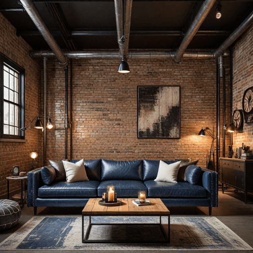 Industrial loft living room with midnight blue leather couch and exposed brick