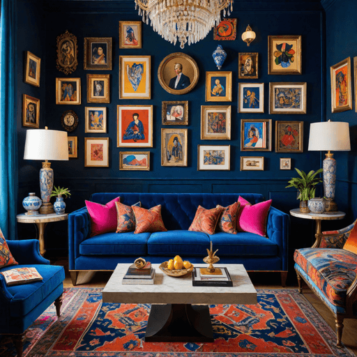 Maximalist living room featuring cobalt blue velvet sofa with bold patterns and colors