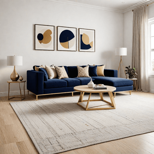Modern minimalist living room with navy blue sectional
