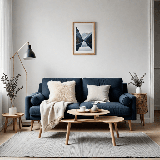 Scandinavian living room with slate blue loveseat and minimalist Nordic decor