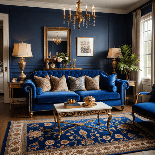 Traditional living room with royal blue velvet couch and classic decor