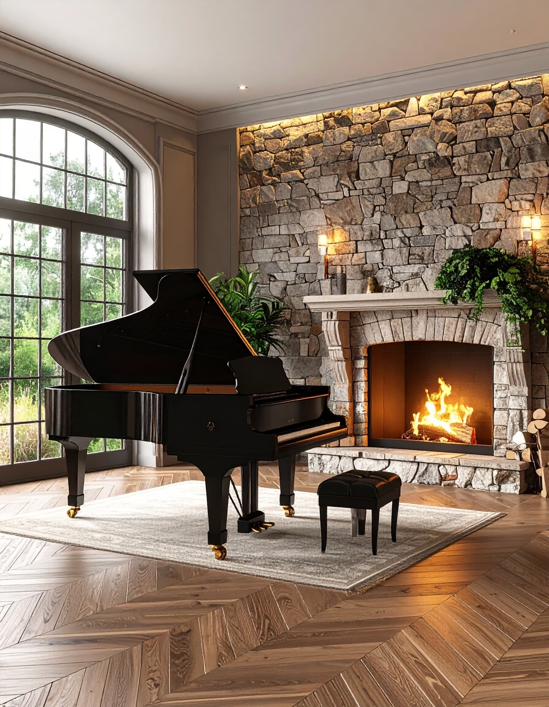 Classic grand piano positioned beside stone fireplace in elegant living room