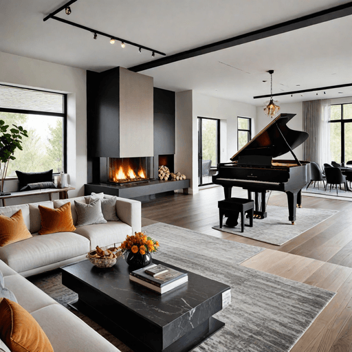 Modern open concept living room with striking contemporary fireplace and bold piano design