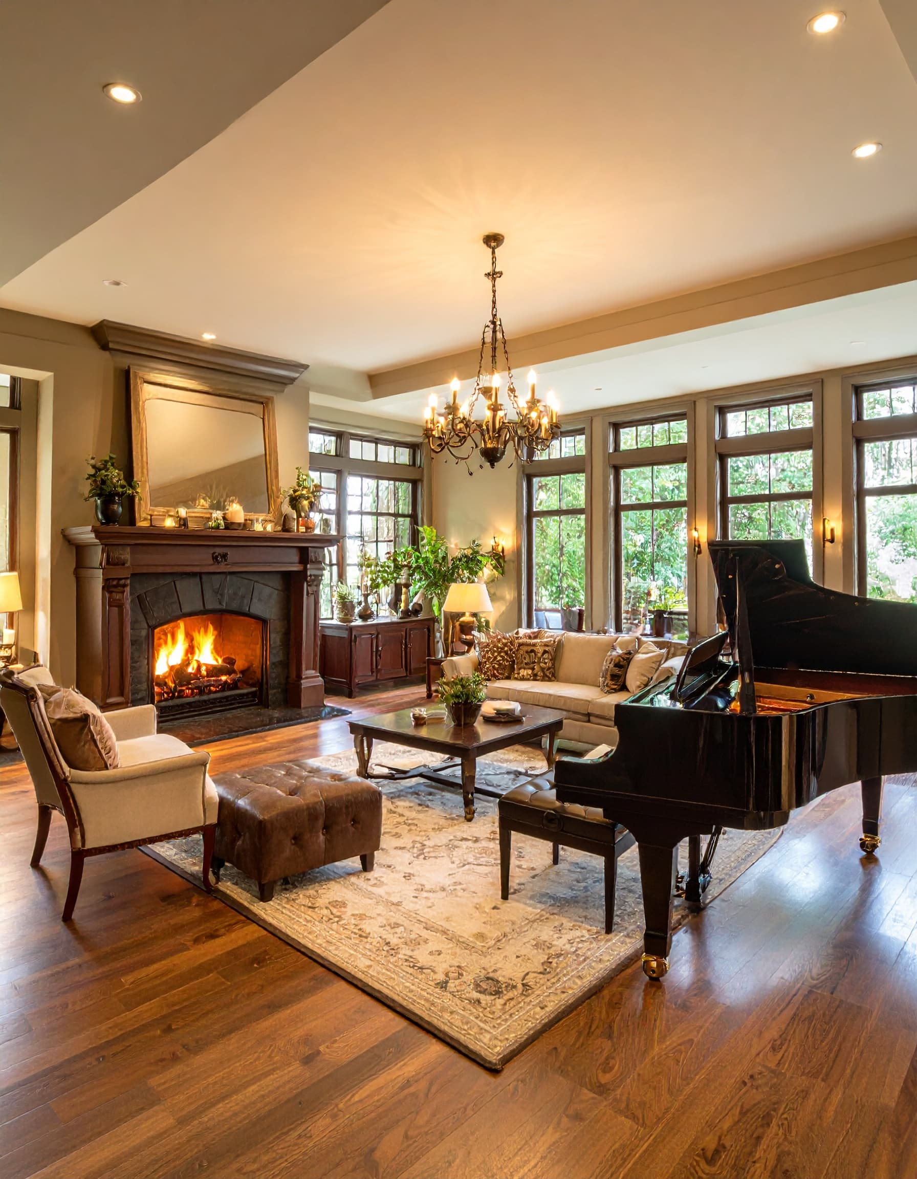Creative living room layout with corner fireplace and piano bench creating intimate seating area