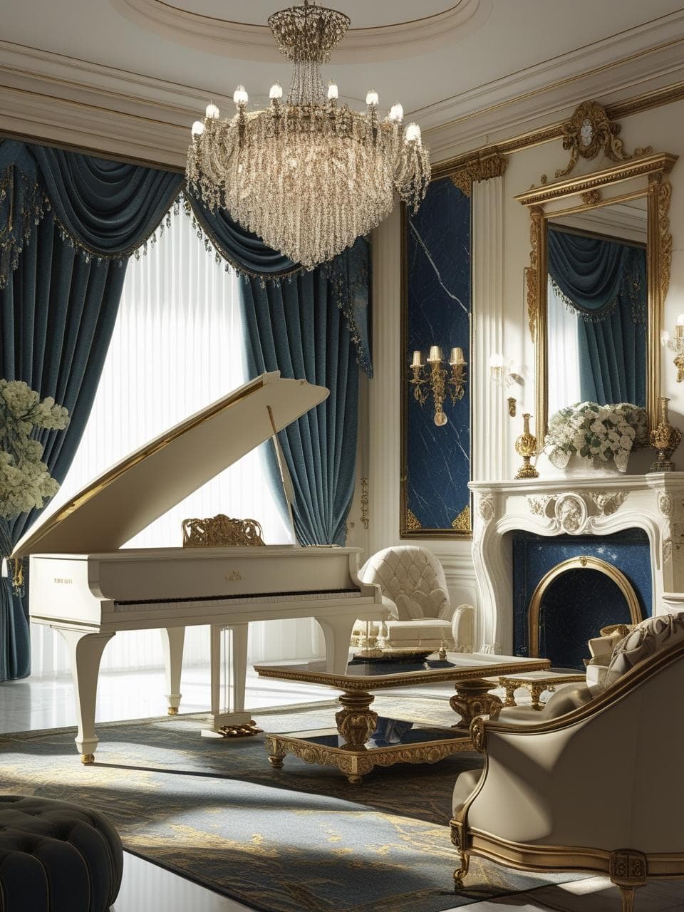 Sophisticated white grand piano in formal living room with marble fireplace