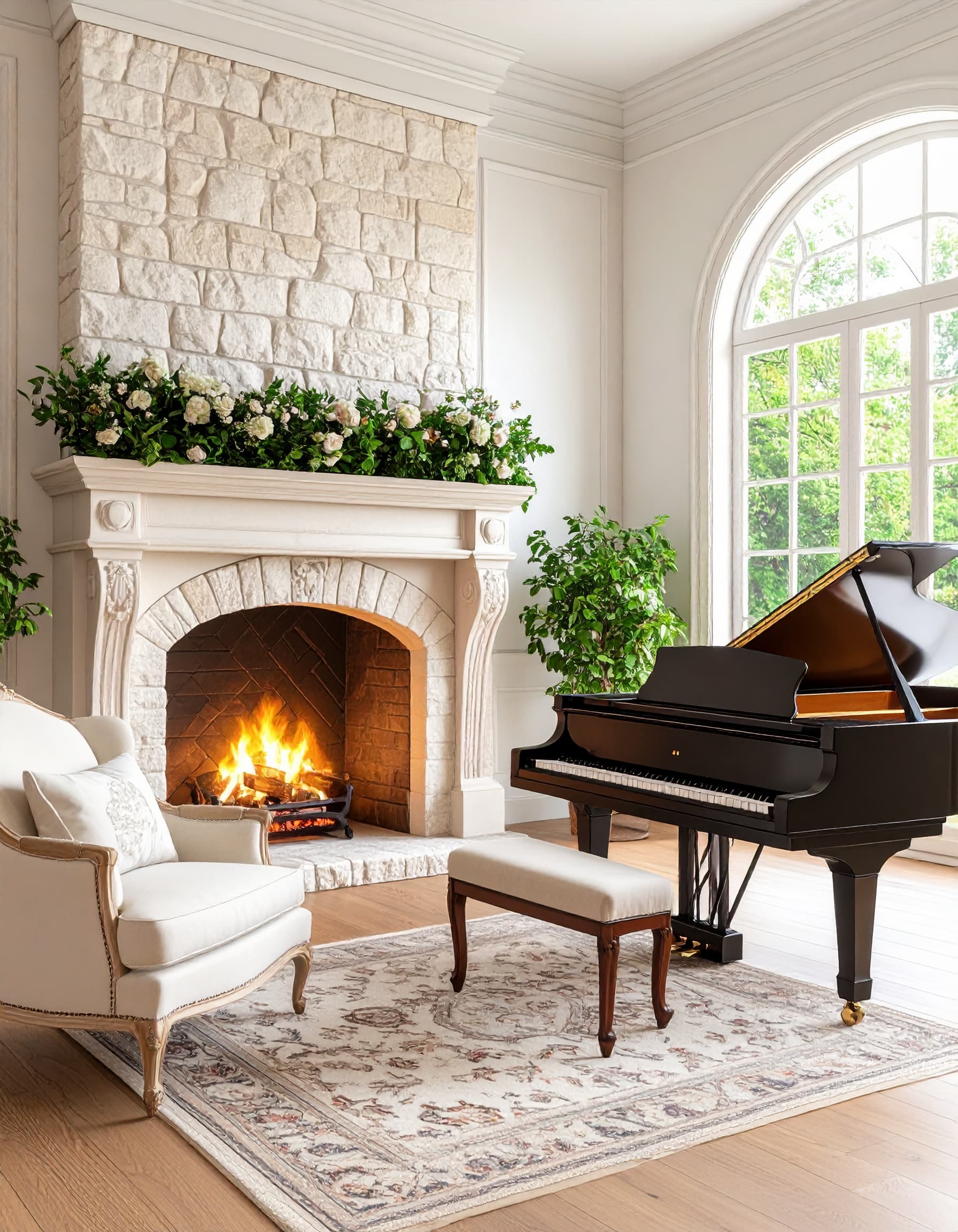 French country living room with antique piano and traditional limestone fireplace