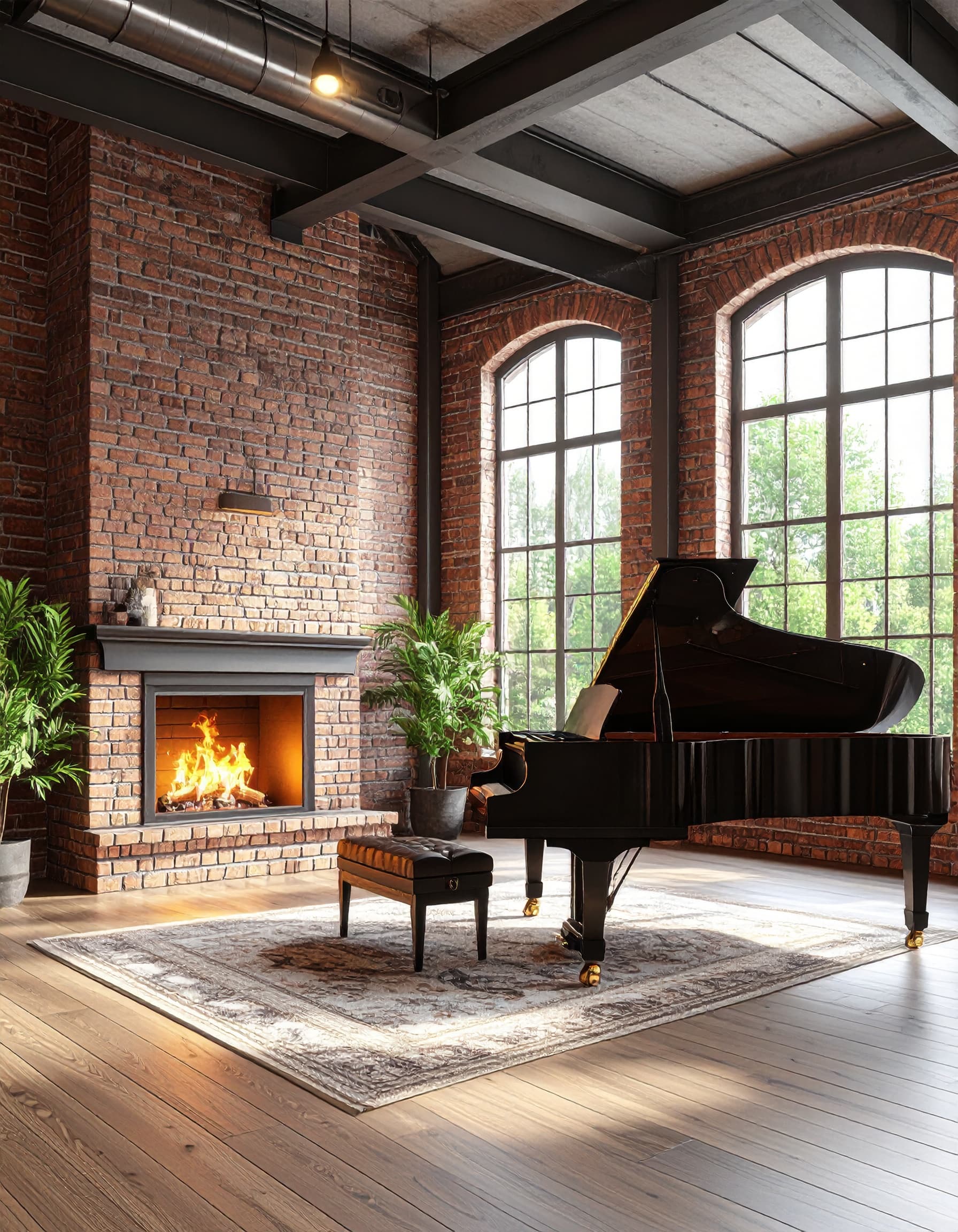 Industrial loft living room featuring exposed brick fireplace and black baby grand piano
