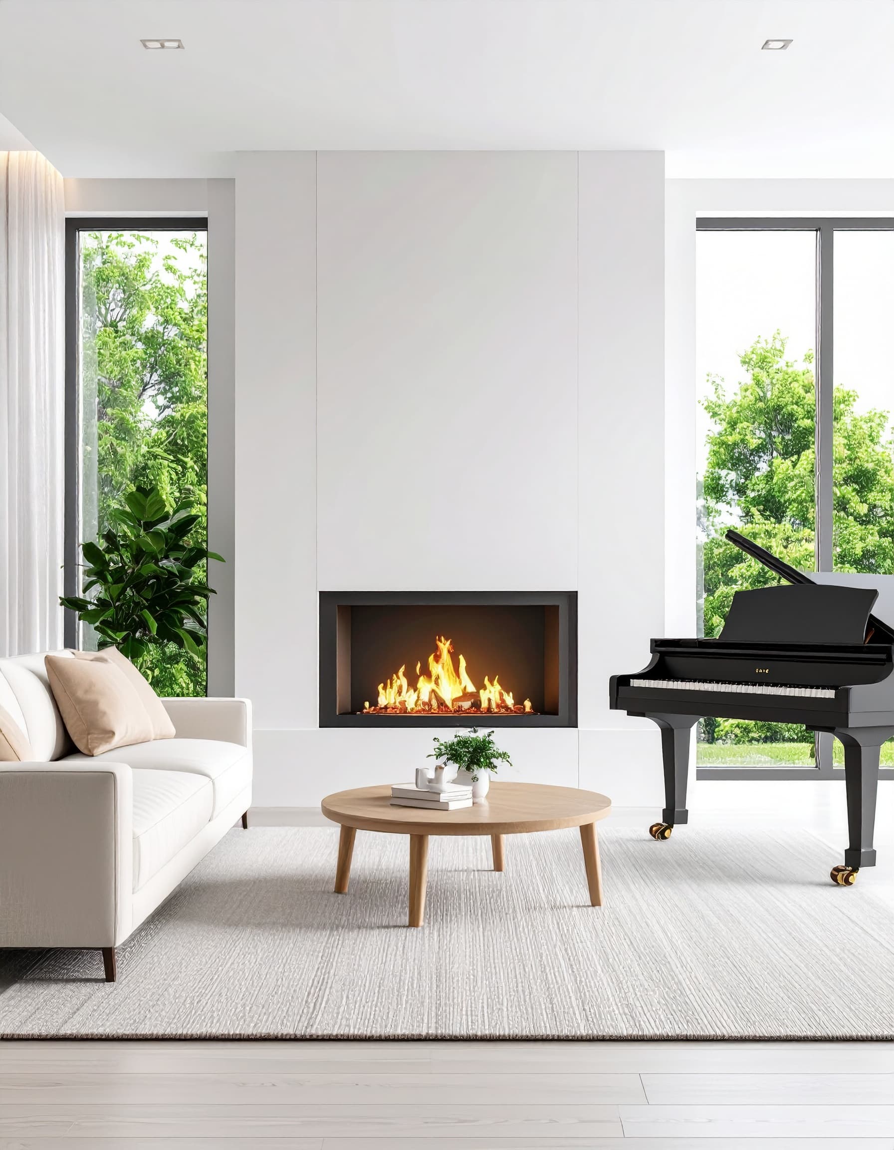 Contemporary living room featuring modern electric fireplace and sleek digital piano