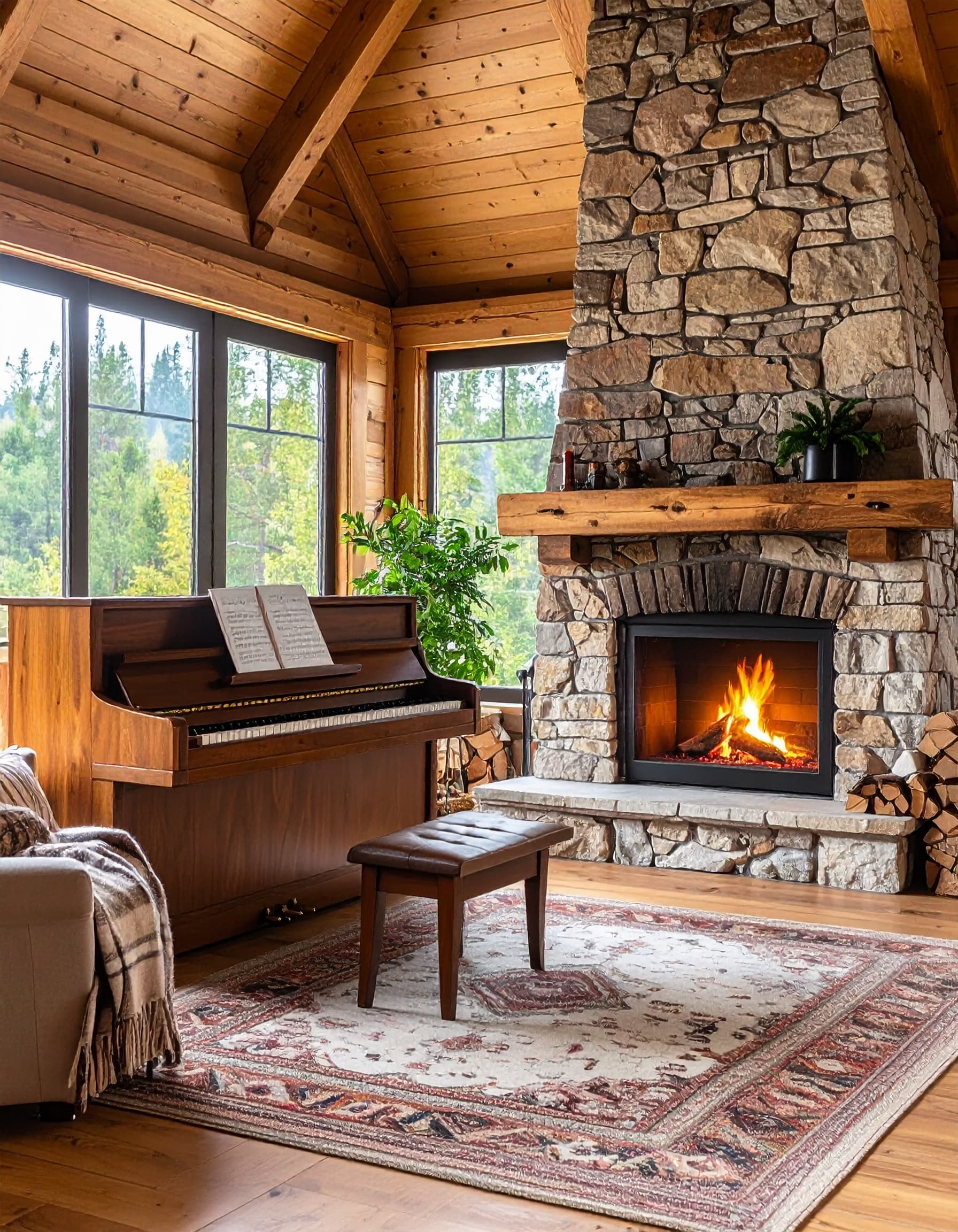 Cozy rustic living room with wooden upright piano and traditional wood-burning fireplace