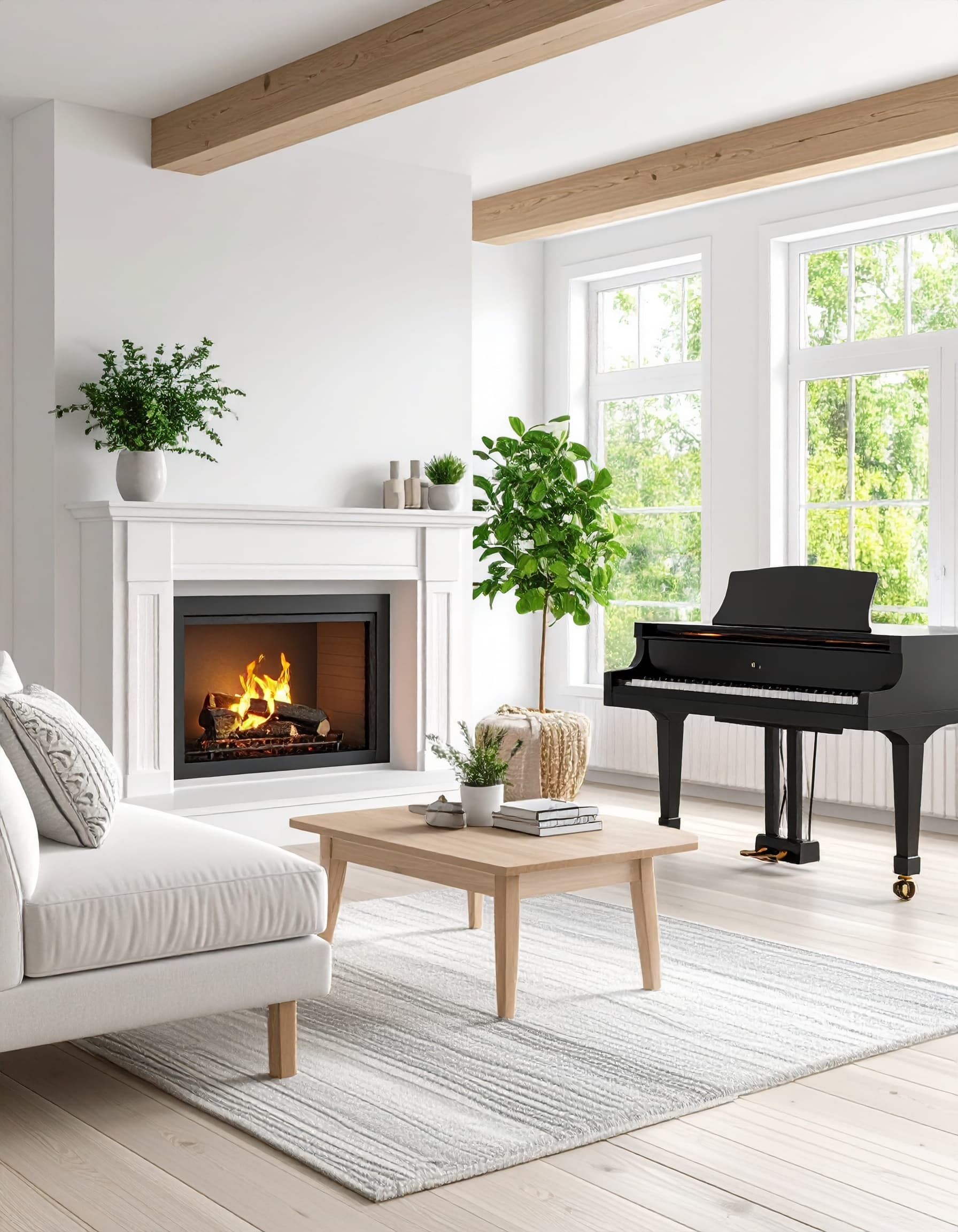 Minimalist Scandinavian living room with simple fireplace and modern piano