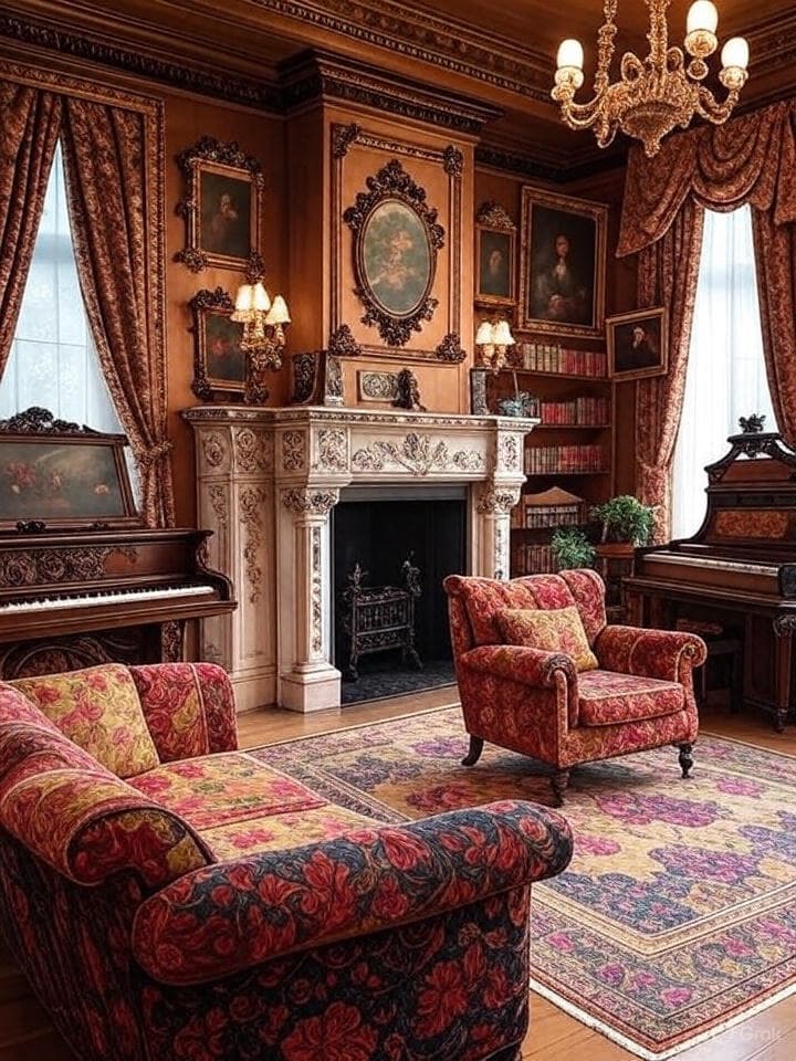 Victorian-style living room featuring ornate fireplace mantel and decorative piano