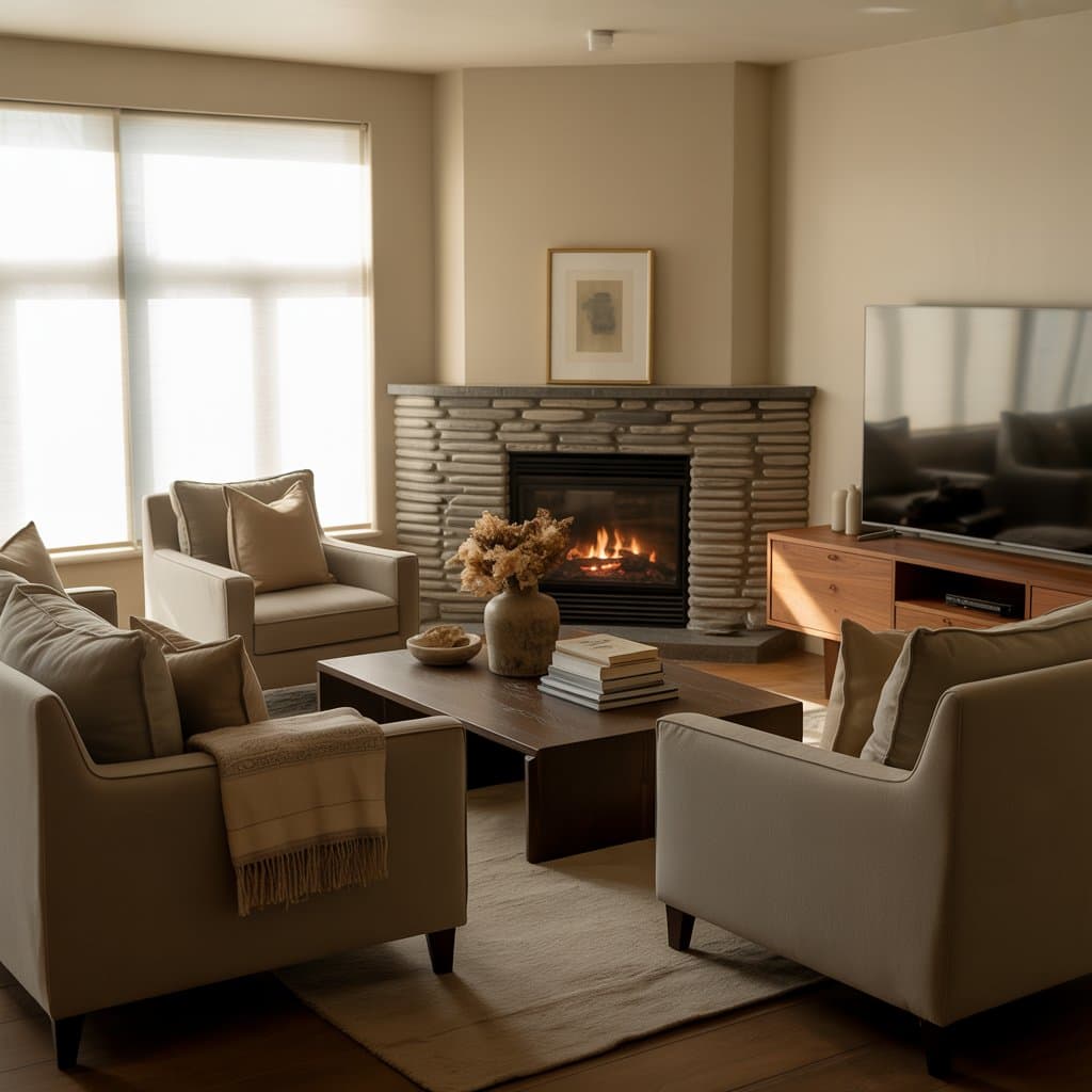 Cozy living room with corner fireplace and adjacent TV wall setup