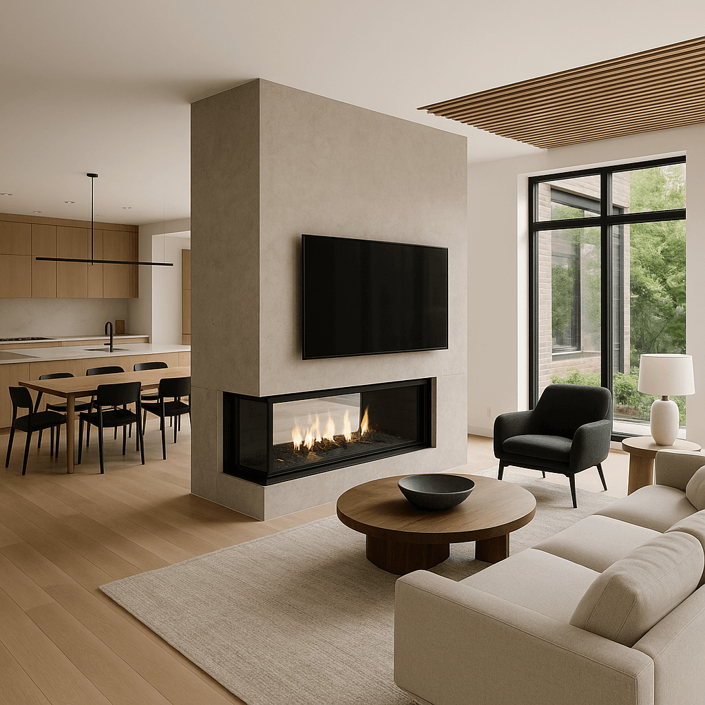 Open concept living space with double-sided fireplace and TV room divider