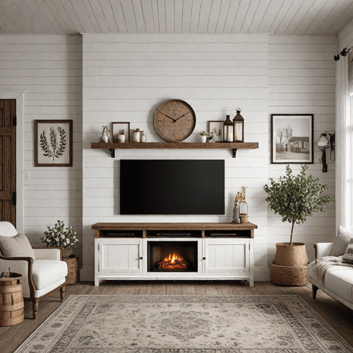 Farmhouse living room with shiplap fireplace and rustic wooden TV console
