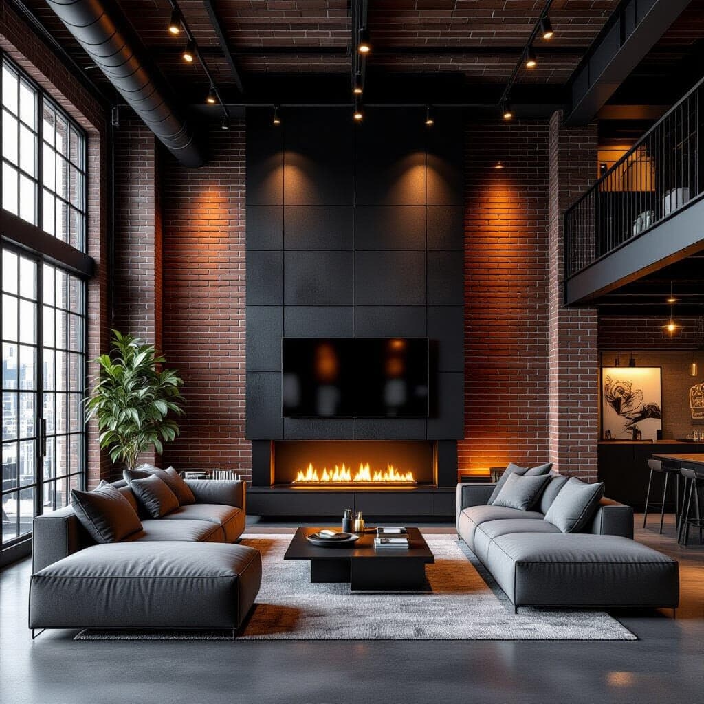 Industrial living room with black steel fireplace and modern media wall
