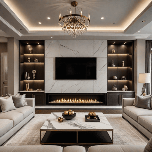 Luxury living room with gas fireplace and built-in TV entertainment system
