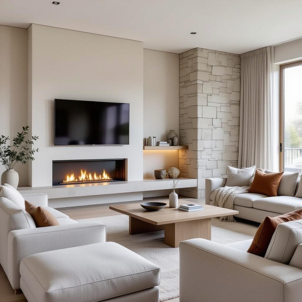 Modern minimalist living room with stone fireplace and wall-mounted TV