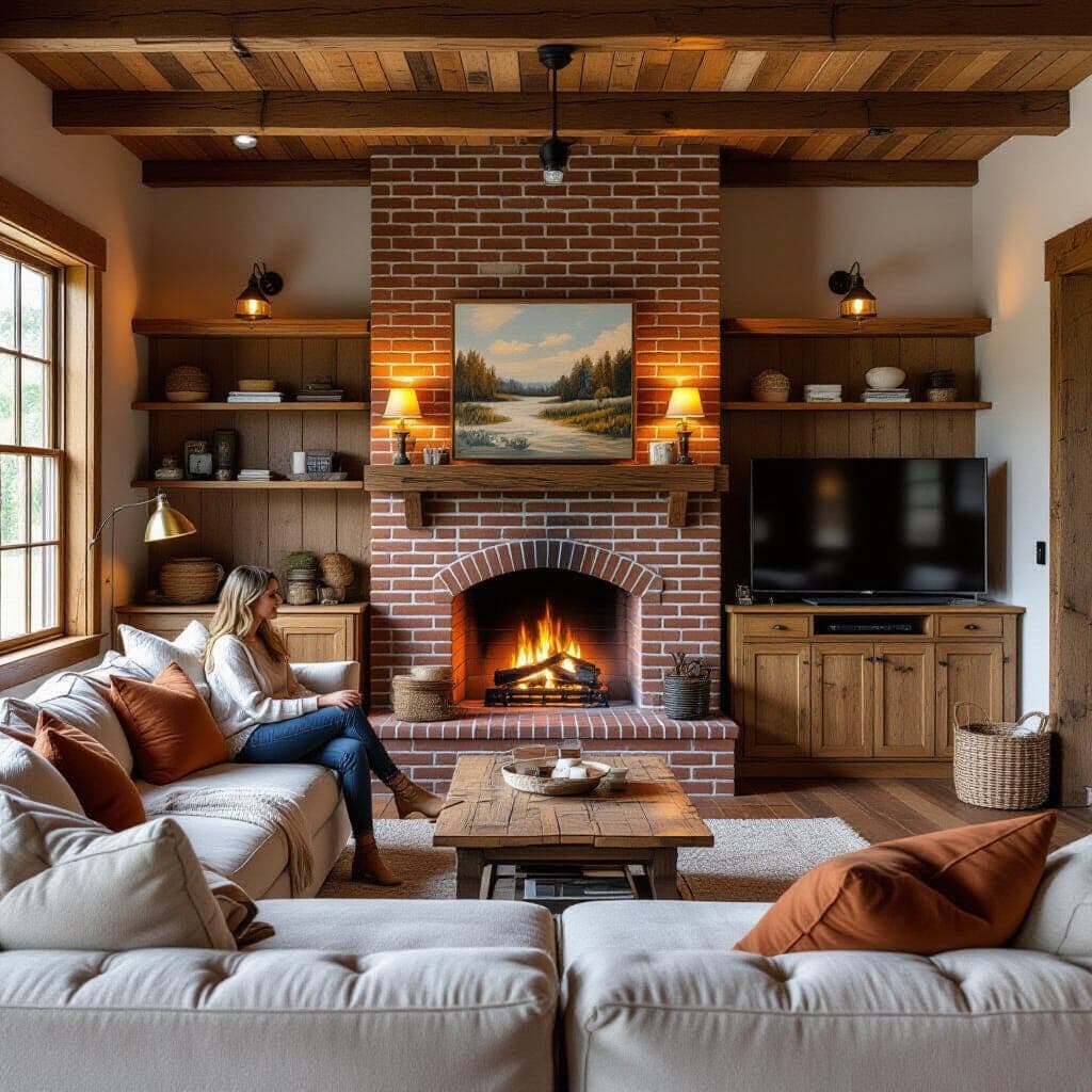 Rustic living room with brick fireplace and built-in TV entertainment center