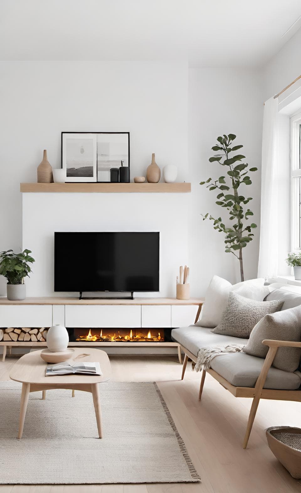 Scandinavian living room with white fireplace and minimalist TV setup