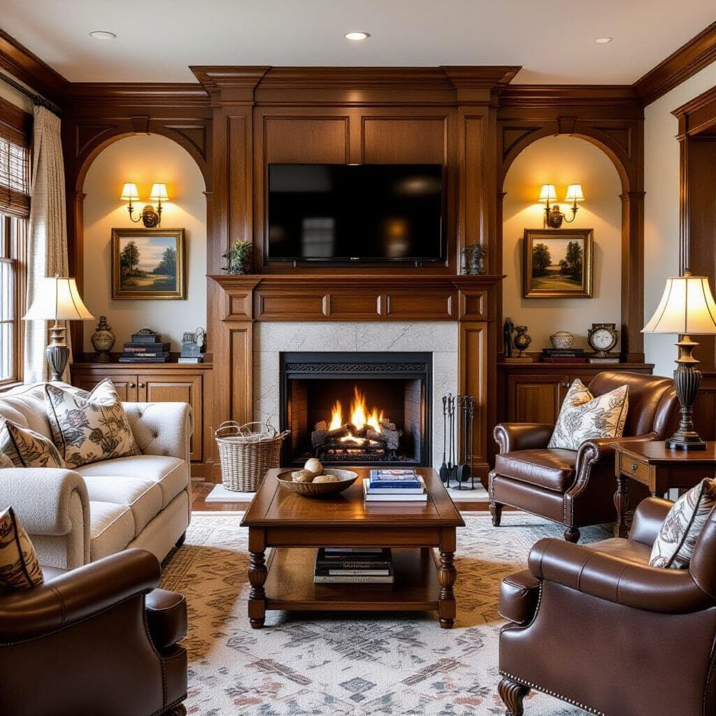 Traditional living room with wooden mantel fireplace and TV mounted above