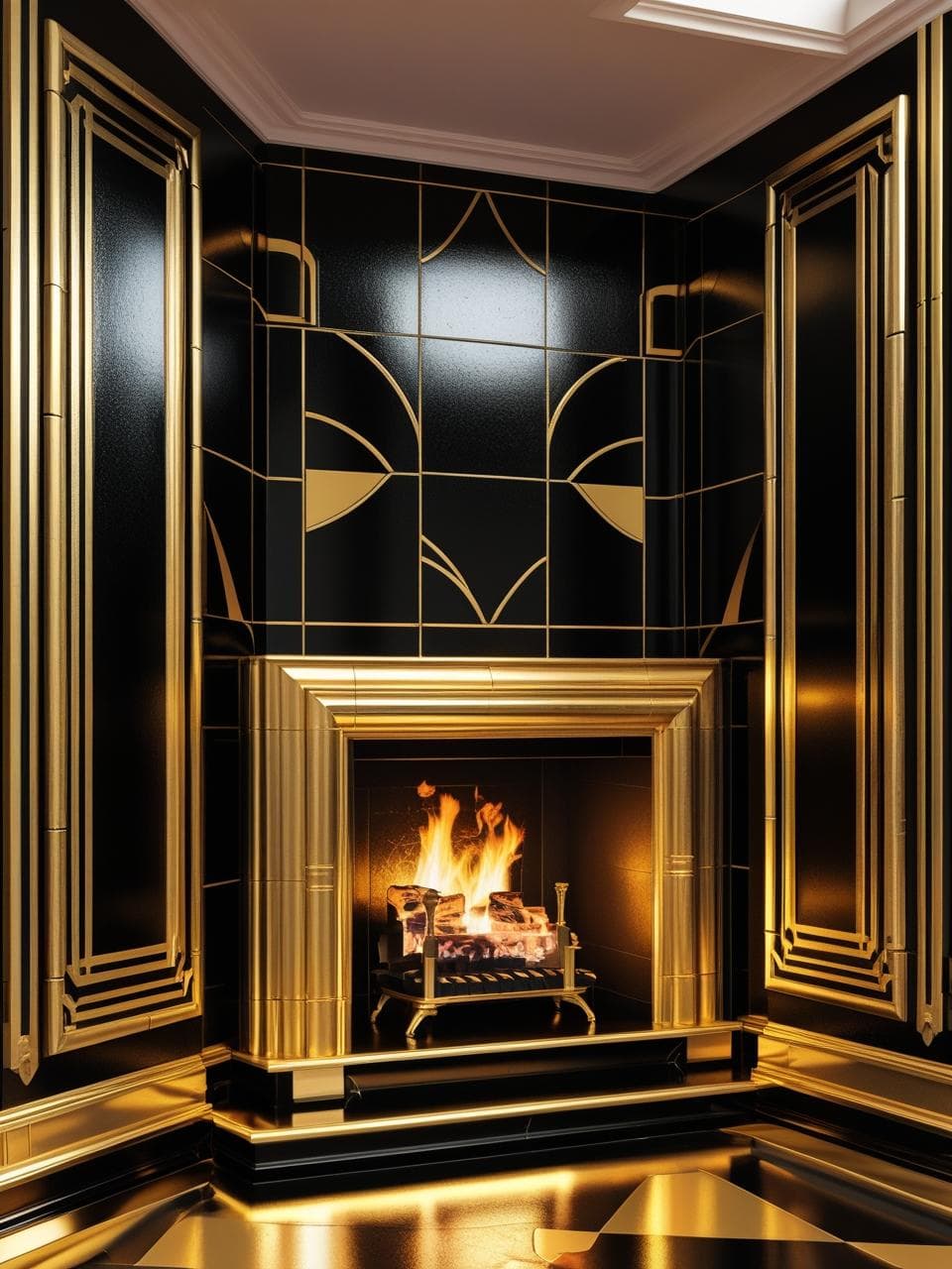 Art Deco corner fireplace with geometric black and gold tile pattern and elegant curved lines