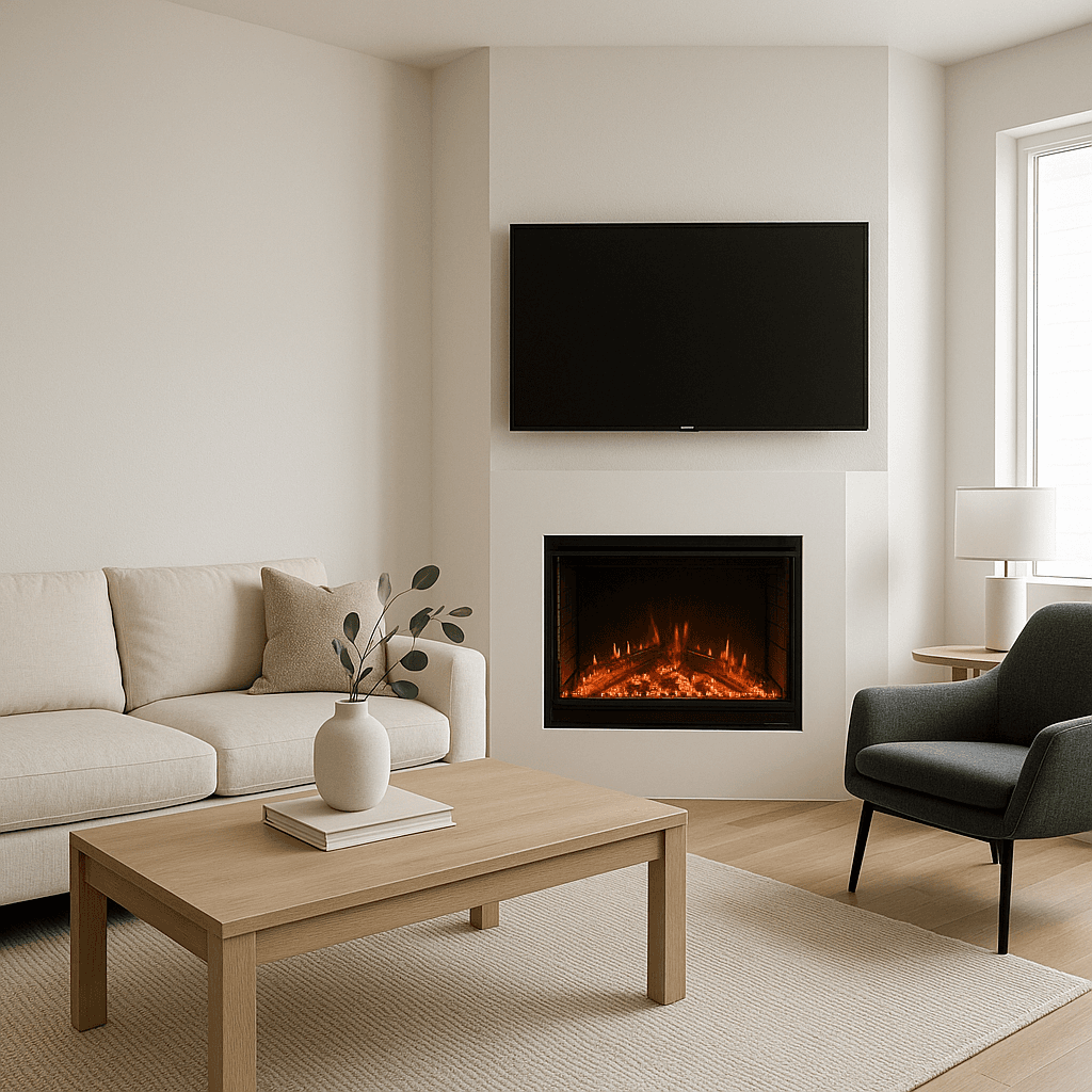 Contemporary electric corner fireplace with flat screen TV mounted above in modern living room