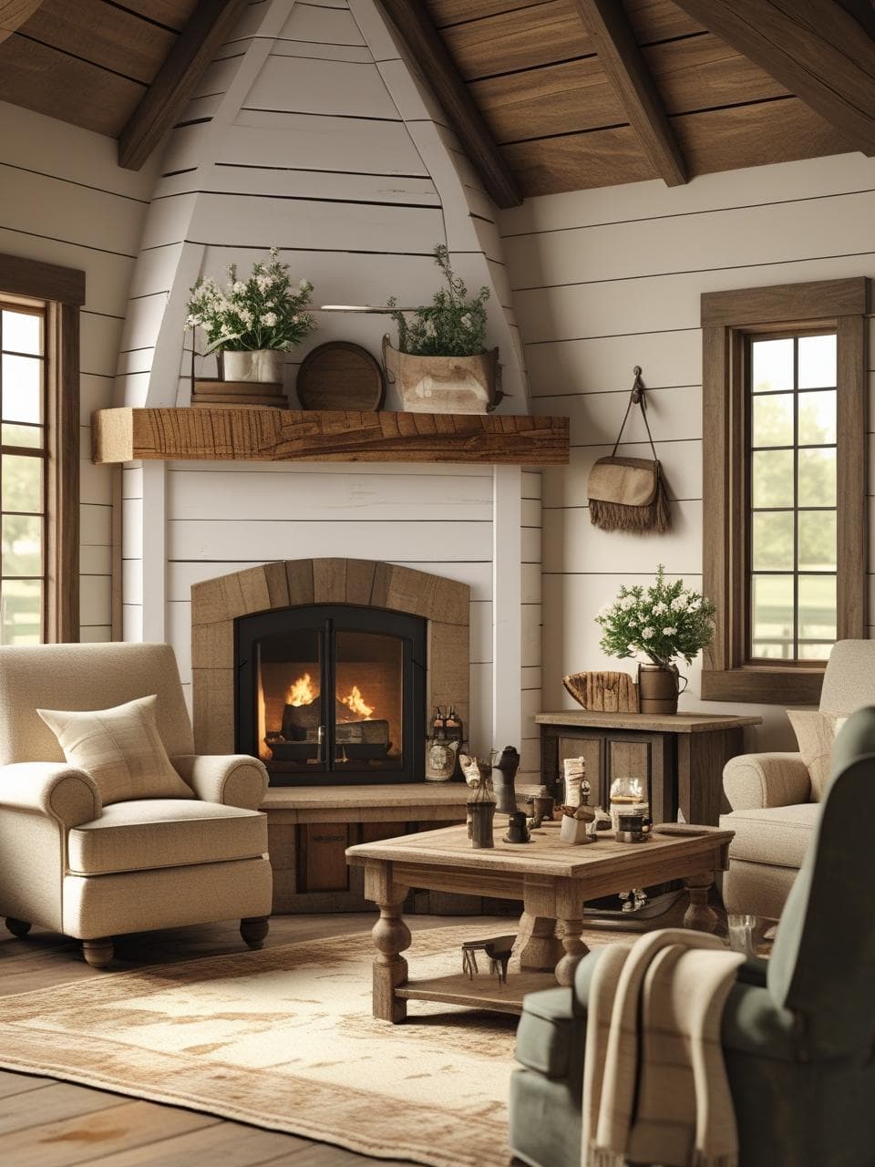 Farmhouse corner fireplace with white shiplap walls and reclaimed wood mantel in cozy living room