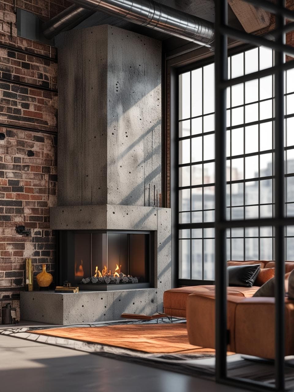 Industrial corner fireplace with raw concrete surround and black metal accents in loft-style living room