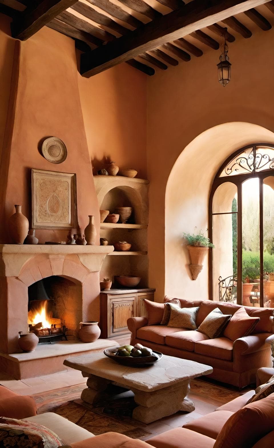 Mediterranean corner fireplace with arched stone opening and terracotta tile hearth in warm living room