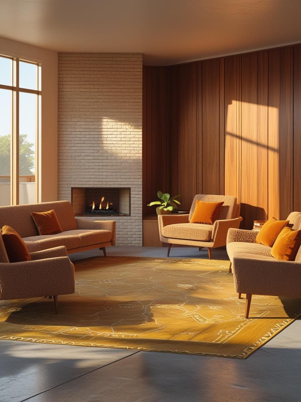 Mid-century modern corner fireplace with clean lines and warm wood paneling in retro living room