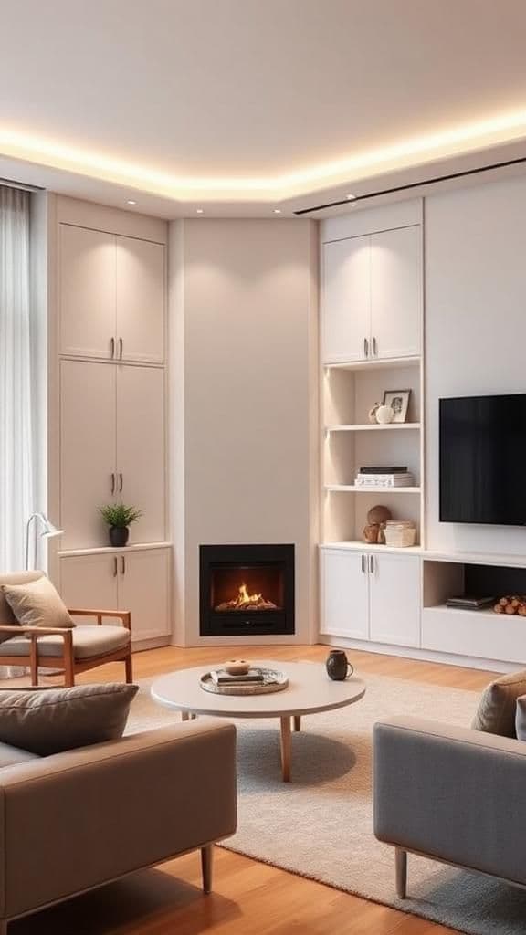 Modern minimalist corner gas fireplace with clean lines and built-in storage