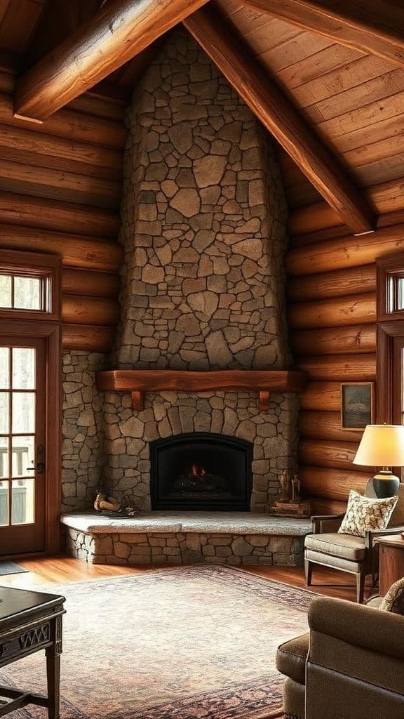 Rustic stone corner fireplace with natural rock surround and exposed wooden beams