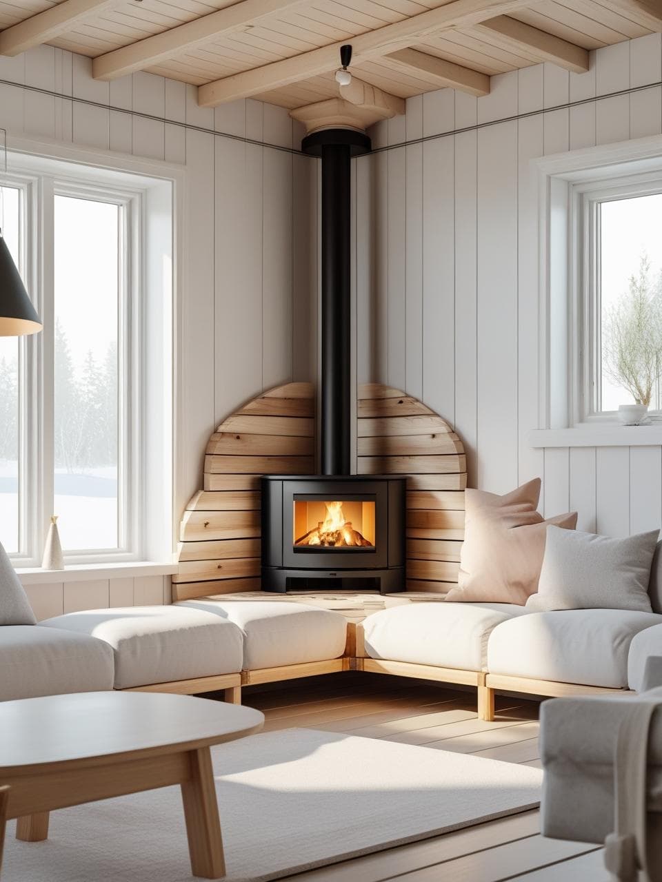 Scandinavian corner fireplace with light wood accents and white walls in minimalist living room