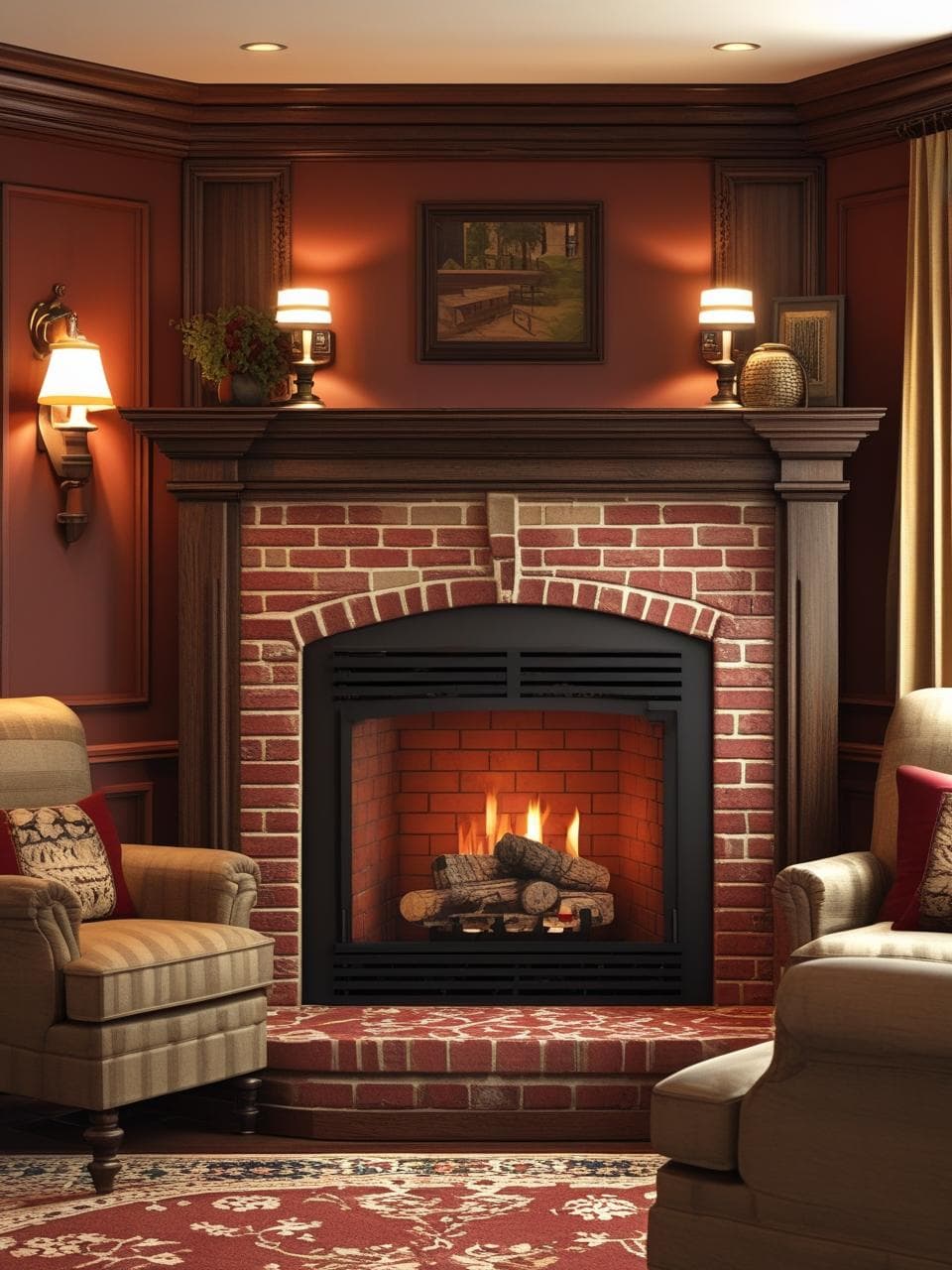 Traditional wood-burning corner fireplace with classic red brick surround and wooden mantel