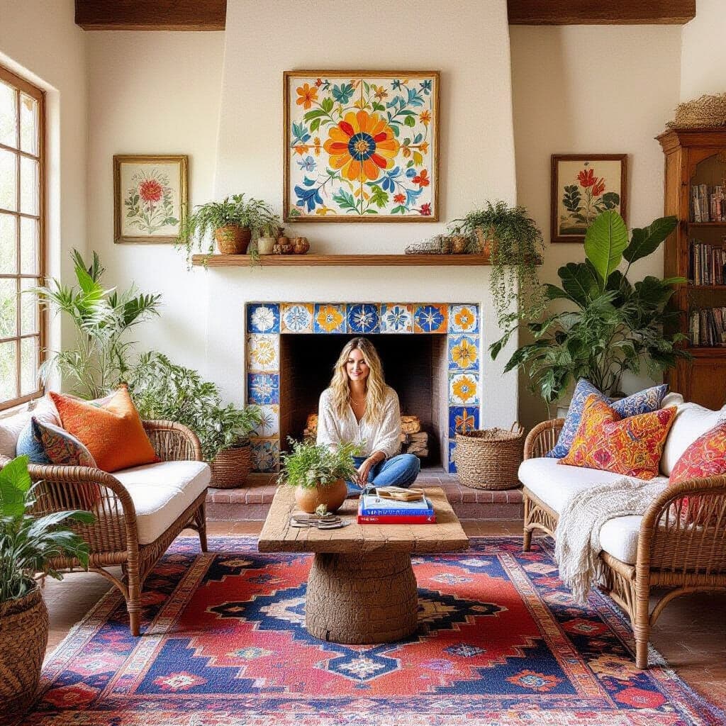 Bohemian living room with colorful patterned tile fireplace surround and eclectic decor