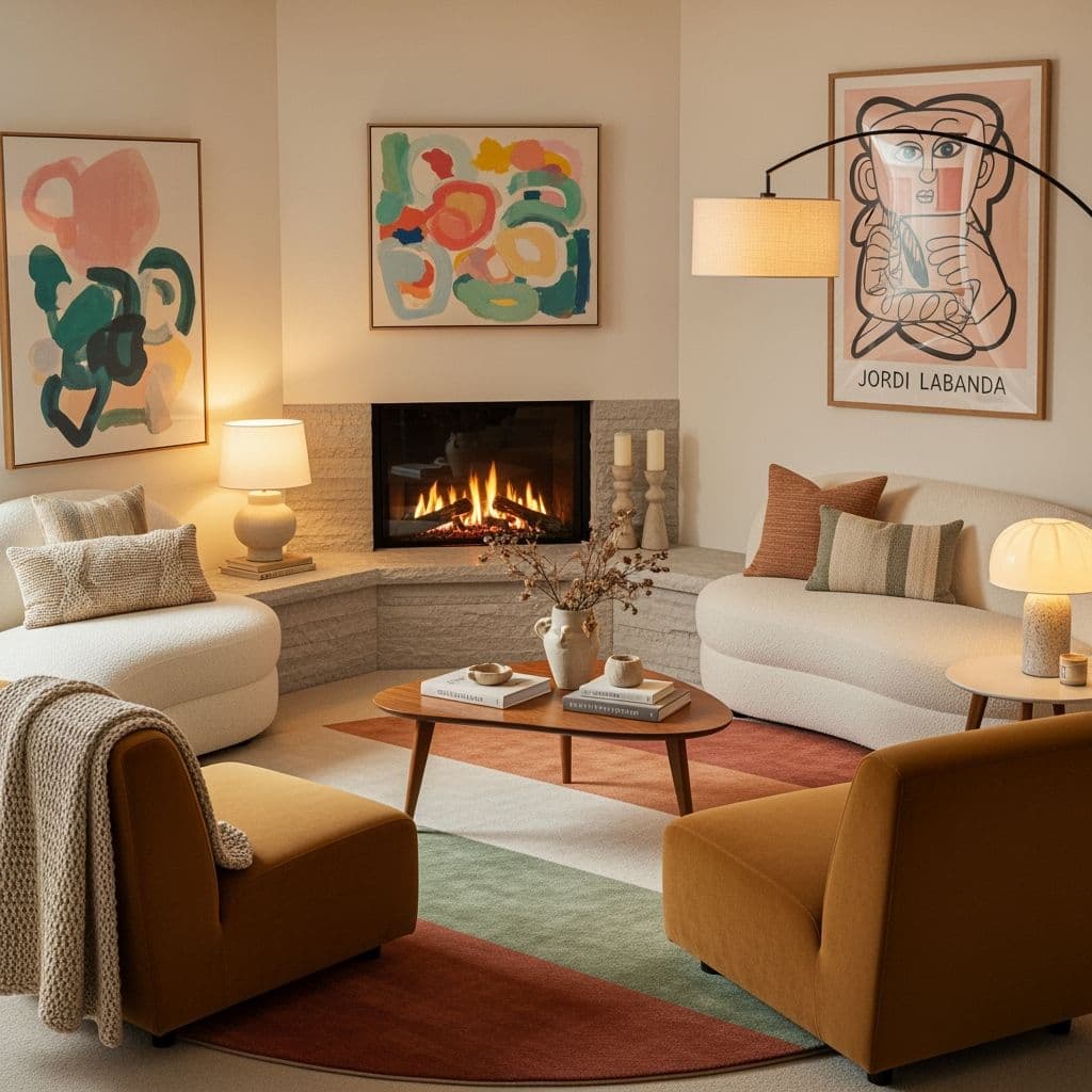 Corner fireplace with intimate seating arrangement in living room