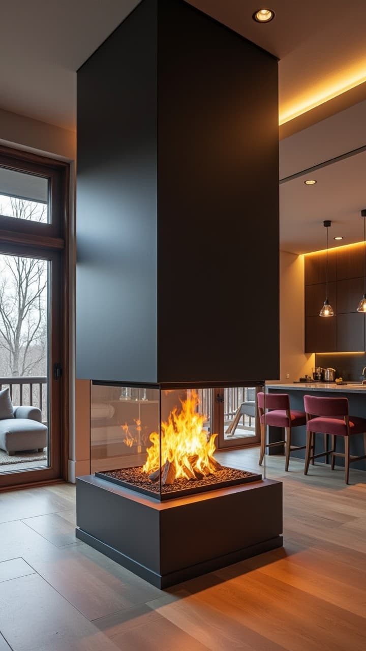 Double-sided see-through fireplace between living room and dining room