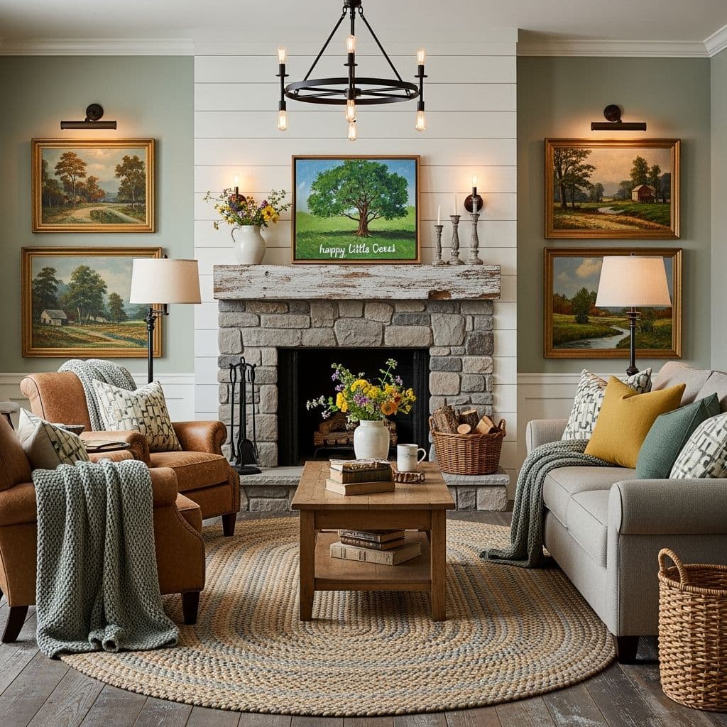 Farmhouse style fireplace with white shiplap accent wall in living room