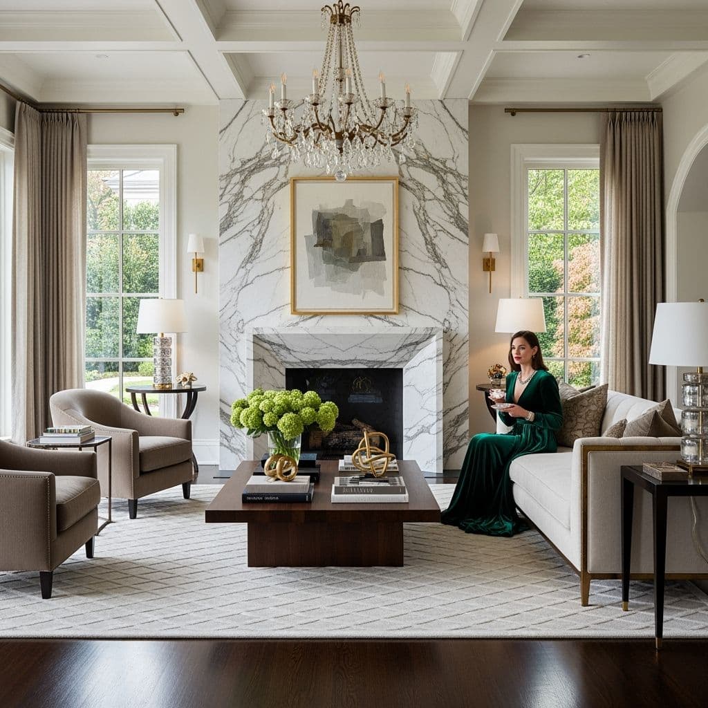 Elegant floor-to-ceiling marble fireplace surround in luxury living room