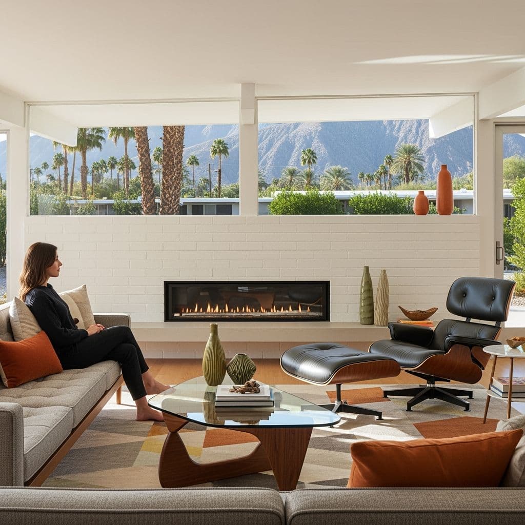 Mid-century modern living room with linear gas fireplace and vintage furniture