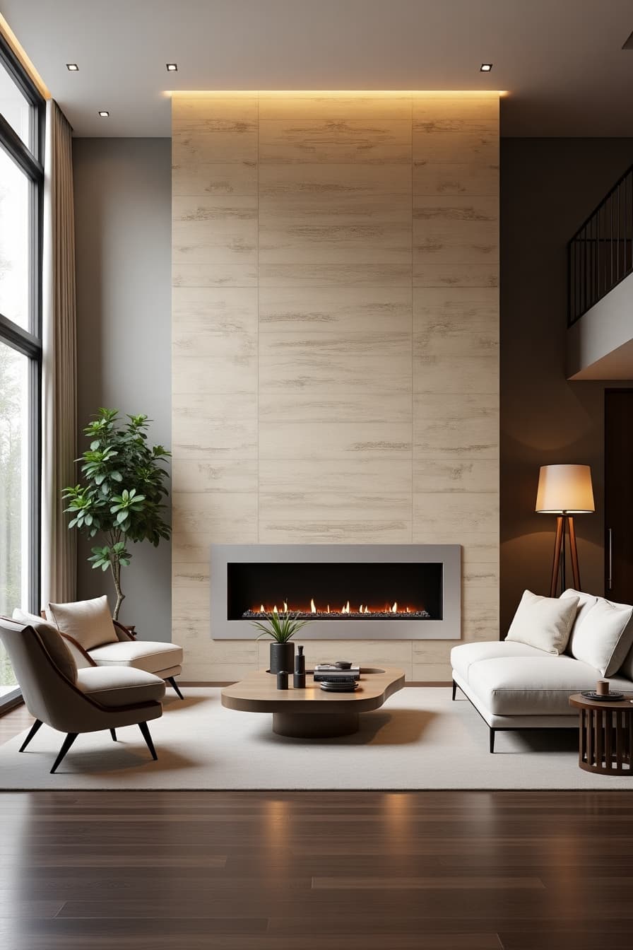 Modern stone accent wall fireplace in living room