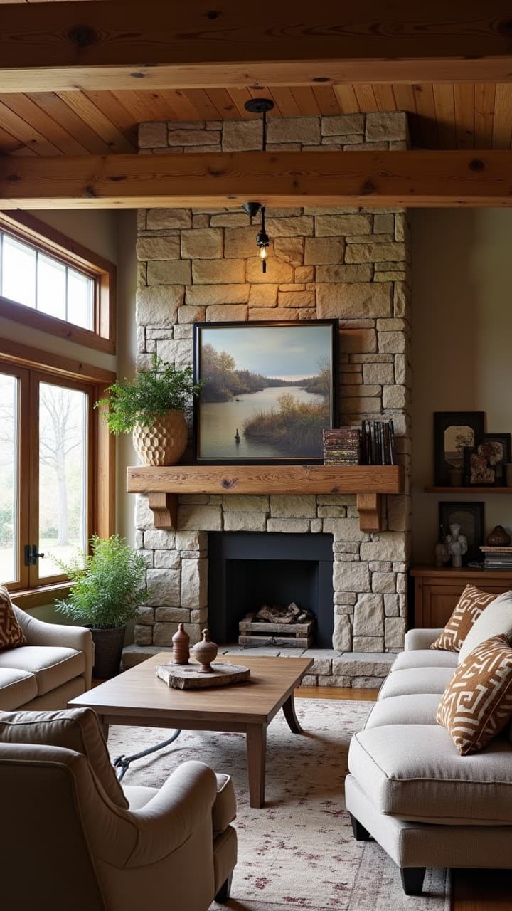 Rustic living room with reclaimed wood beam fireplace mantel
