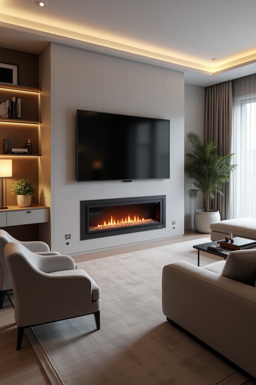 Sleek electric fireplace built into modern entertainment center
