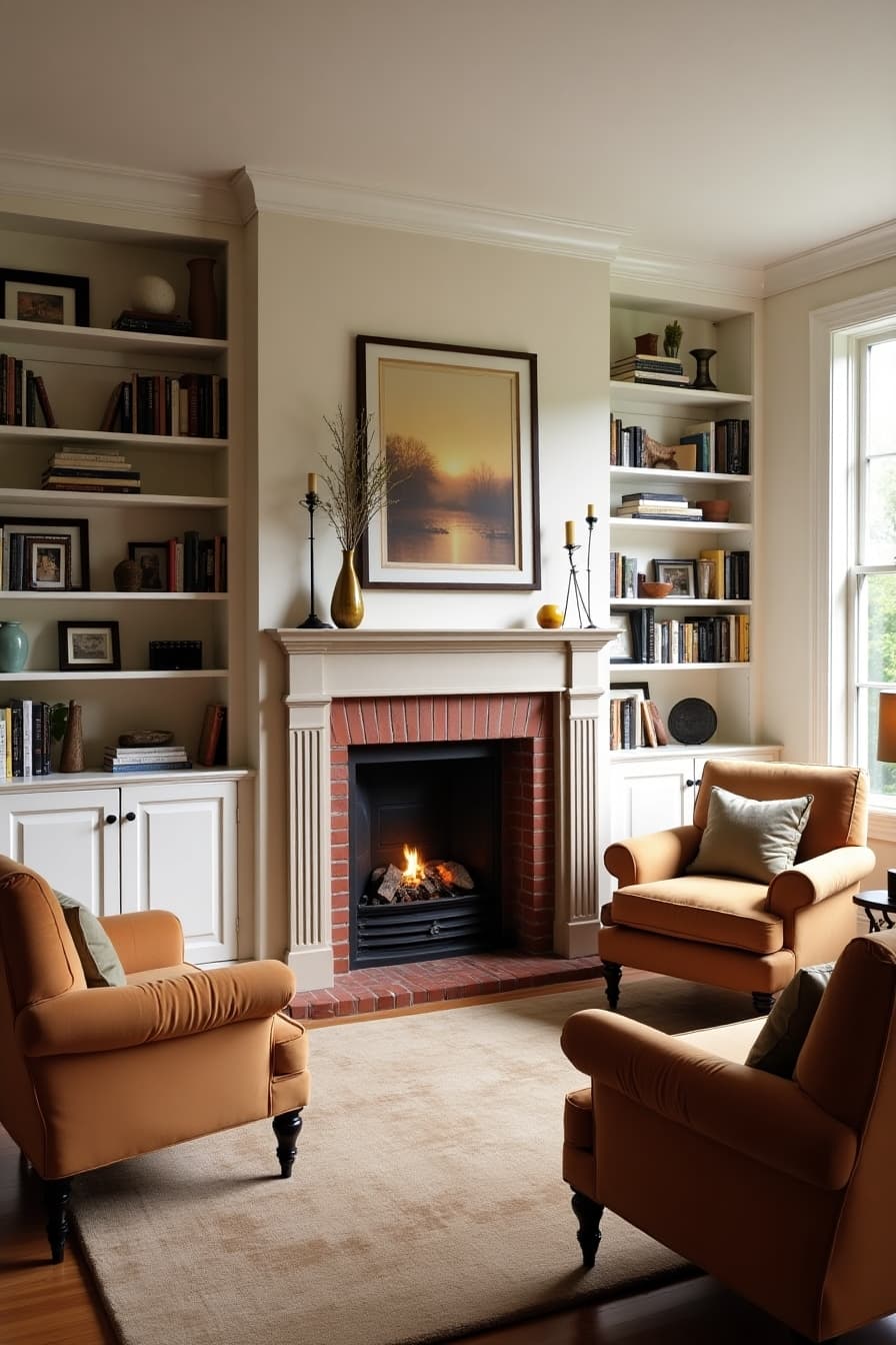 Traditional brick fireplace with built-in shelving in cozy living room