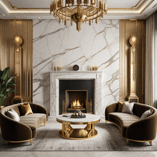 Art Deco living room with marble side fireplace and gold geometric details