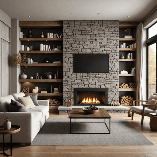 Corner stone fireplace with built-in wooden shelves