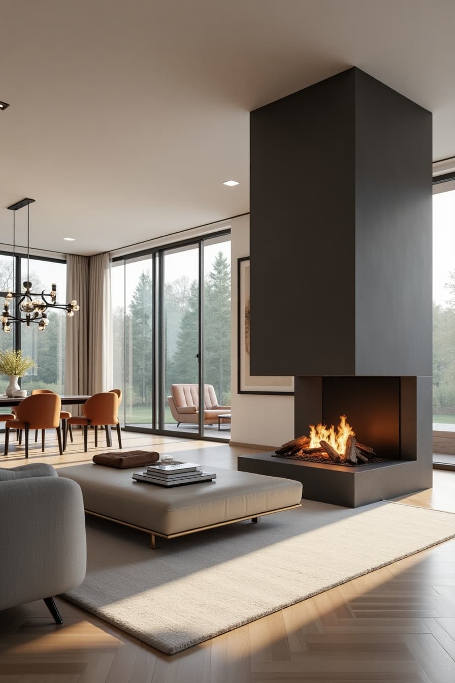 Double-sided fireplace serving as room divider between living and dining areas