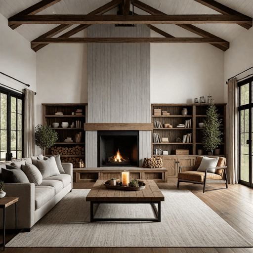 Farmhouse living room with side fireplace featuring reclaimed wood mantel and shiplap